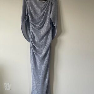 Betsy & Adam Gray Asymmetrical Draped Gown